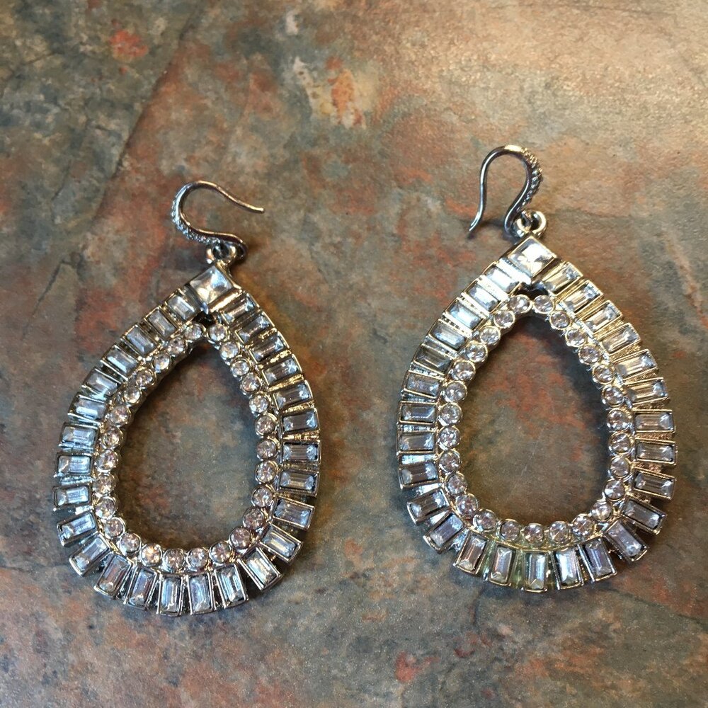 Vintage Rhinestone Hoop Teardrop Dangle Silvertone Pierced Earrings